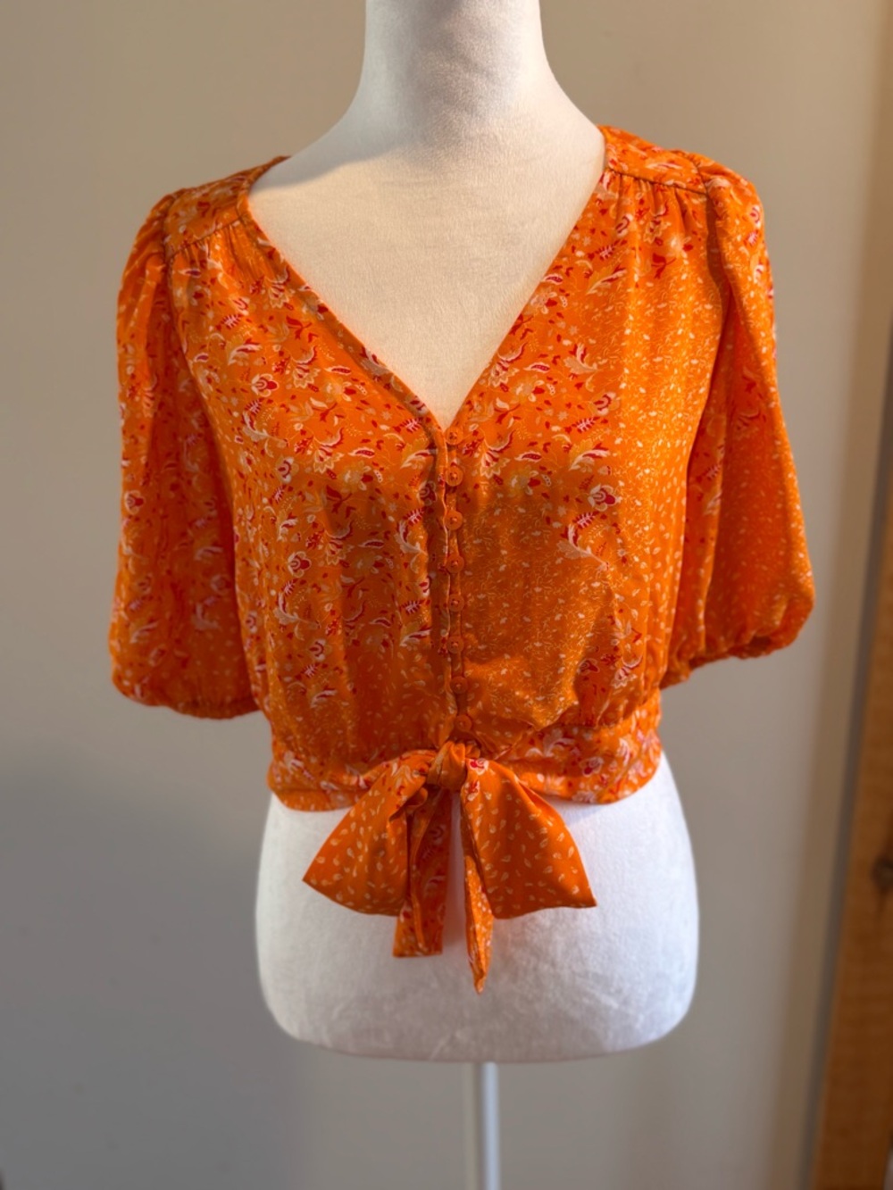 Joie Women's Orange Tie-Front V-Neck Crop Blouse, S/P
